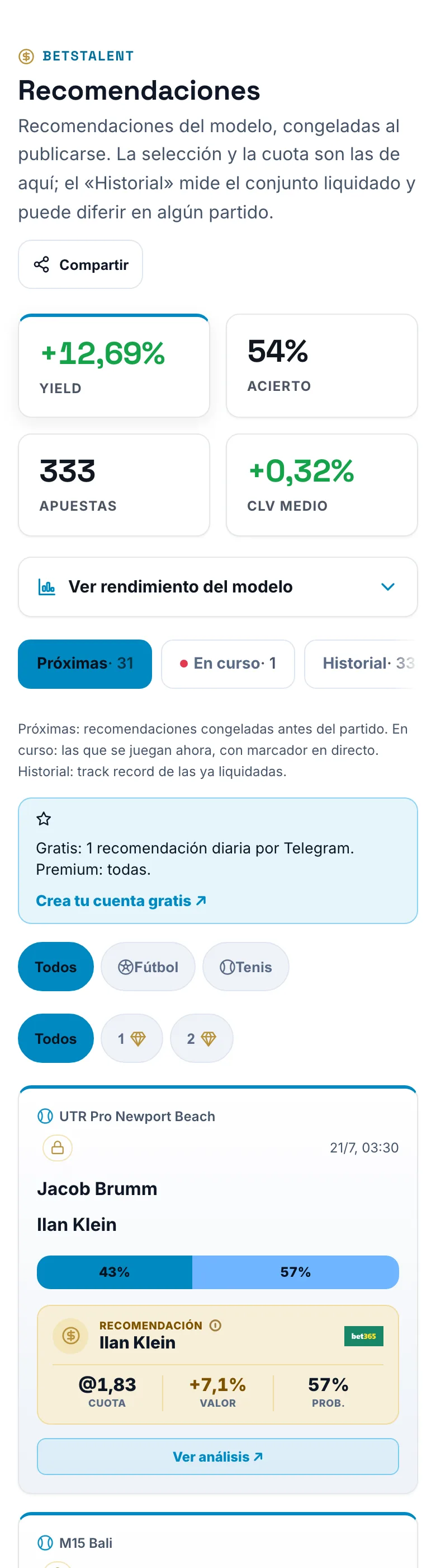 Recomendaciones del día de BetsTalent vistas en un móvil